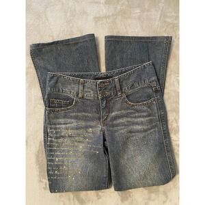 Express Jeans Womens 3/4 Blue‎ Bootcut Rhinestone Script Denim Embellished Boho